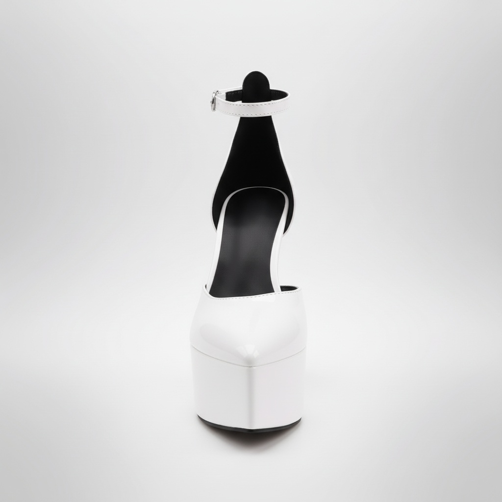 White high-heeled shoe with black sole on a white background