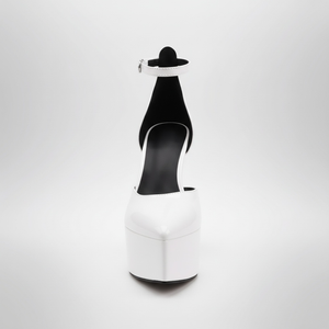 White high-heeled shoe with black sole on a white background
