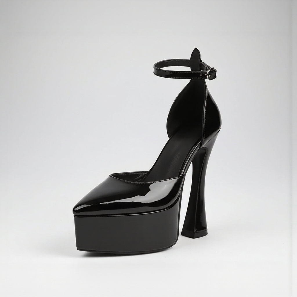 Black high-heeled platform shoe on a white background