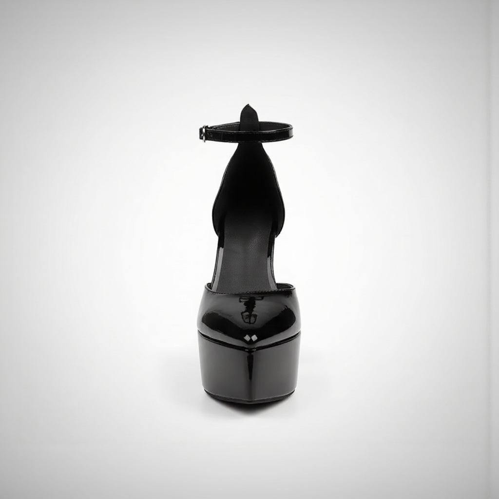 Black high-heeled shoe on a white background