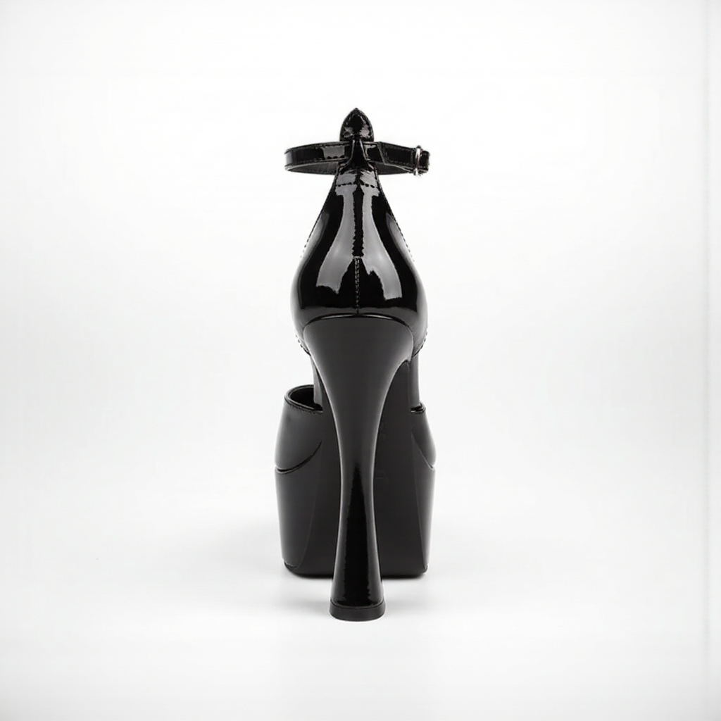 Black high-heeled shoes with a strap on a white background