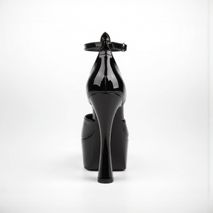 Black high-heeled shoes with a strap on a white background