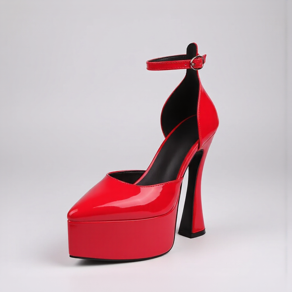 Red high-heeled shoe with a platform sole on a light gray background