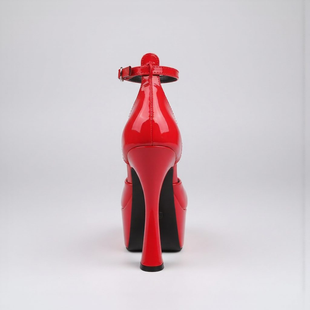Red high-heeled shoe with a strap on a light gray background