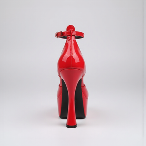 Red high-heeled shoe with a strap on a light gray background