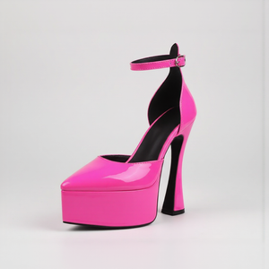 Pink high-heeled platform shoe on a white background