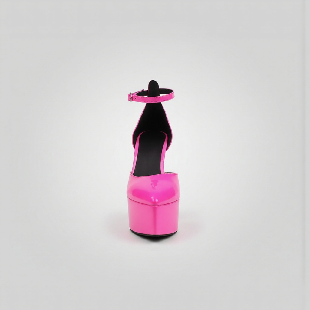 Pink high-heeled shoe with a black sole on a white background