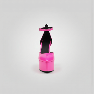 Pink high-heeled shoe with a black sole on a white background