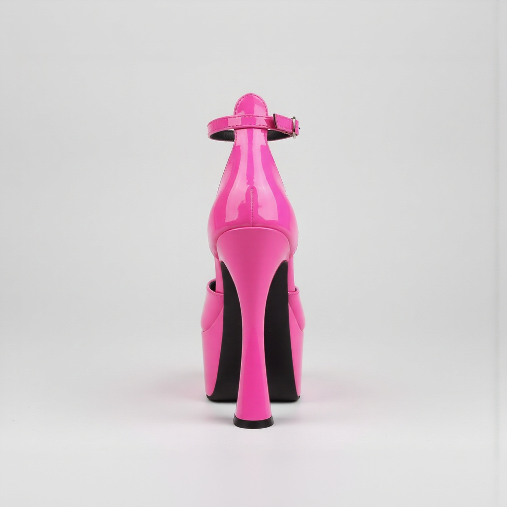 Pink high-heeled shoe with a black sole on a light gray background