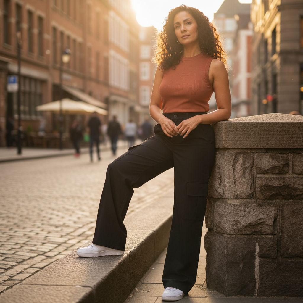 Woman leaning against a stone wall on a city street