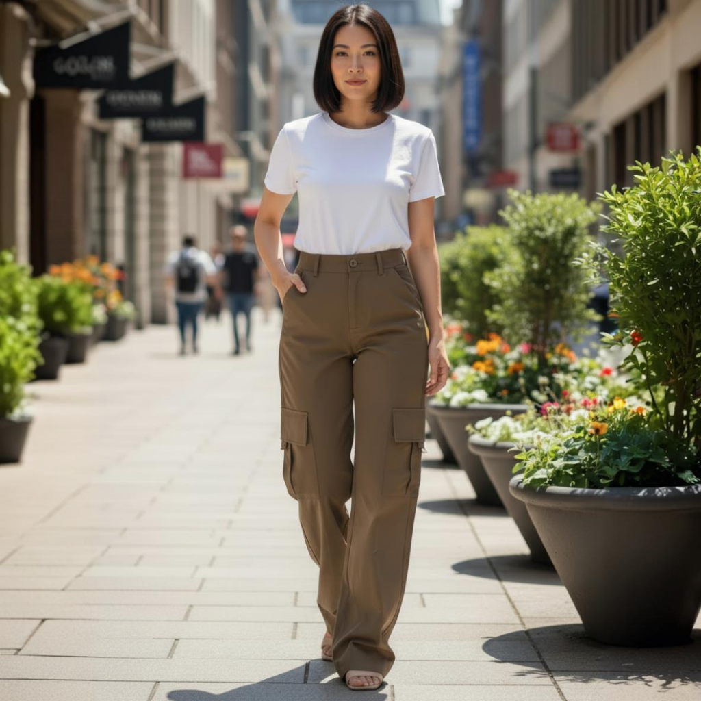 Woman in white shirt and brown cargo pants walking on a city street with plants and people in the background.