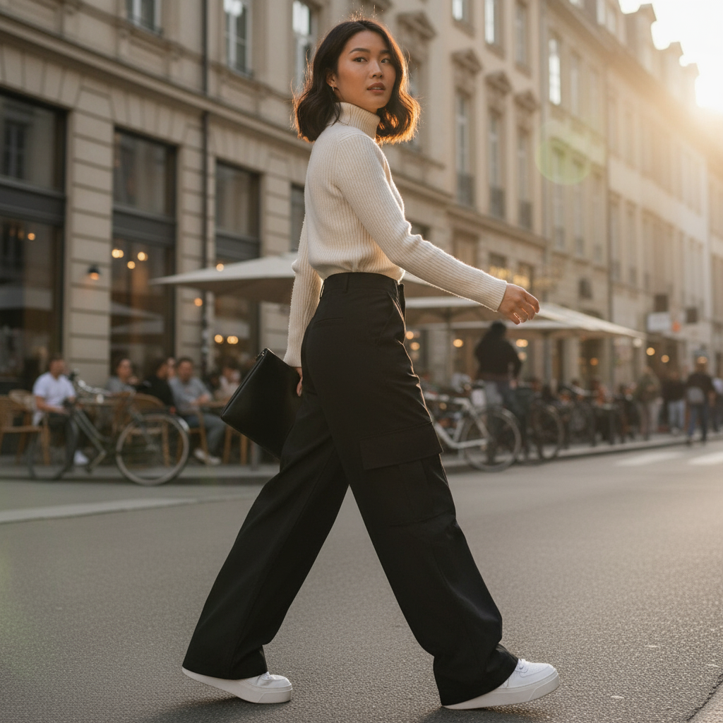 Woman walking on a city street wearing a white sweater and black pants.