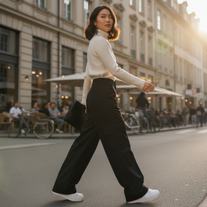 Woman walking on a city street wearing a white sweater and black pants.