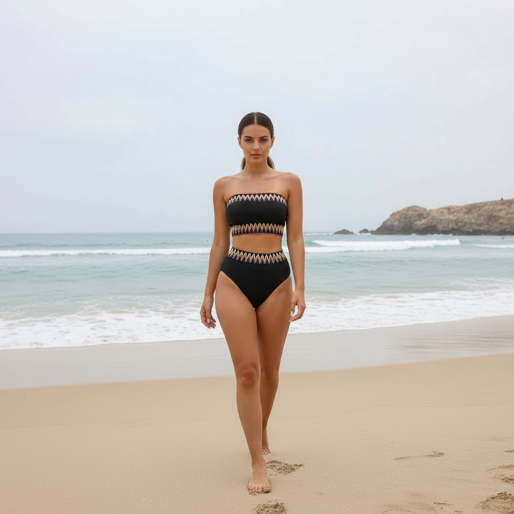 Woman in a black and white striped swimsuit walking on a beach.