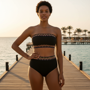 Woman in a black and white patterned bikini standing on a wooden dock by the water.