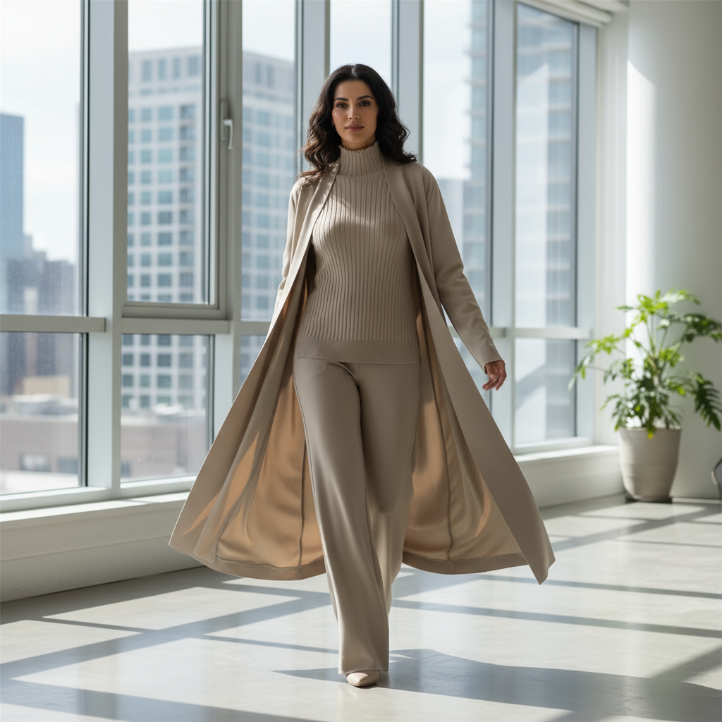 Woman in a beige outfit standing in a modern room with large windows.