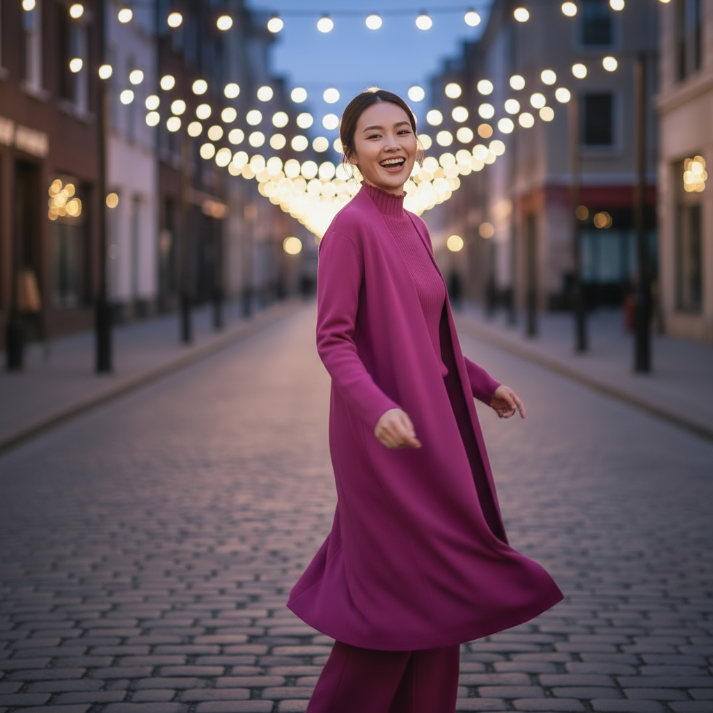 Woman in a pink outfit standing on a street with string lights above