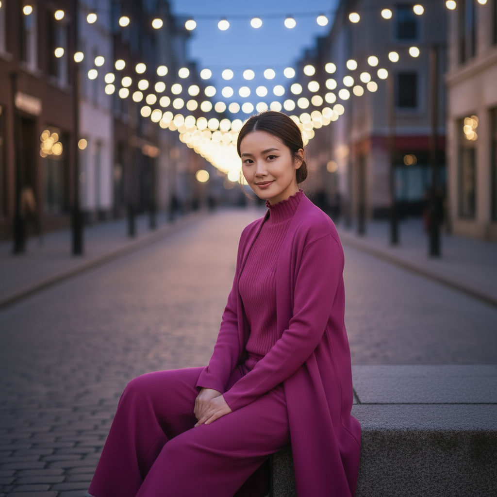 Woman in a pink outfit sitting on a street with string lights above