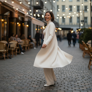 Woman in a white outfit standing on a street with blurred background