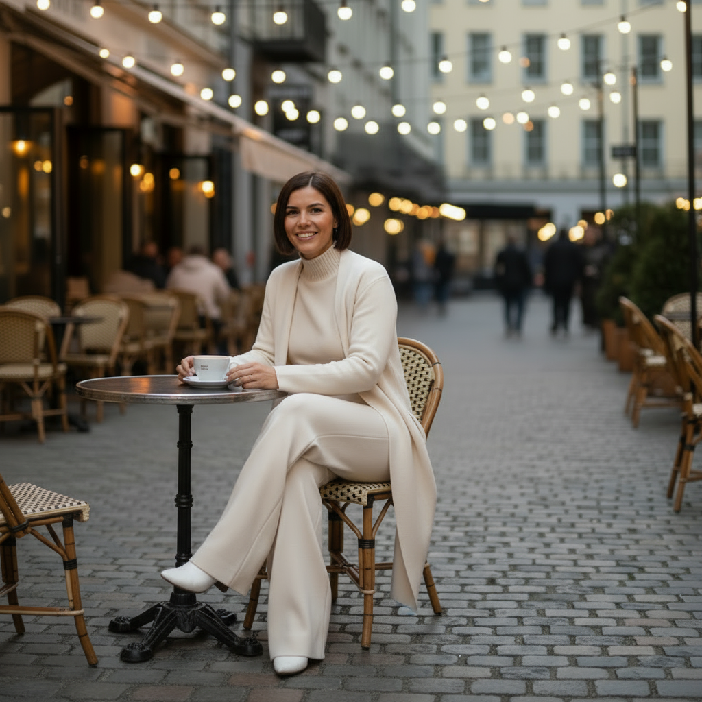 Woman sitting at a table in an outdoor cafe with string lights above.