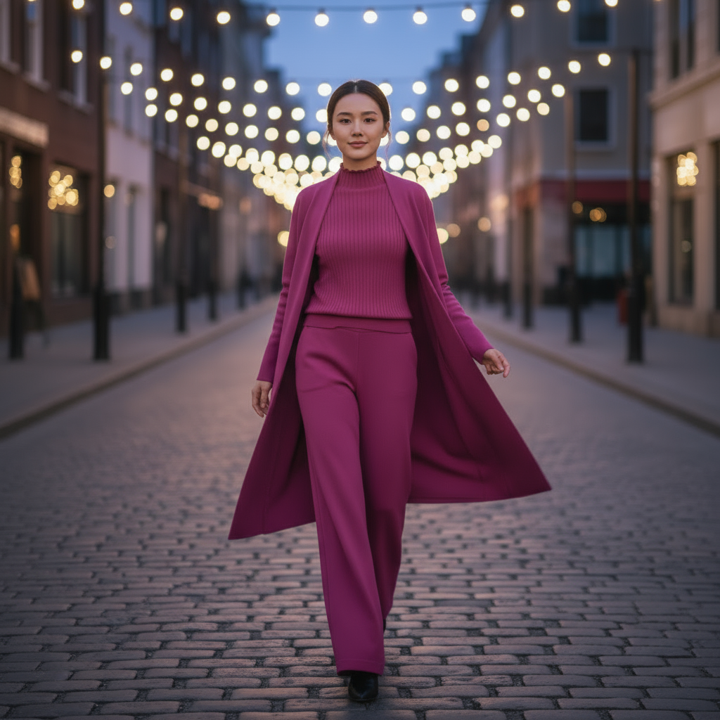 Woman in a magenta outfit walking on a street with string lights in the background