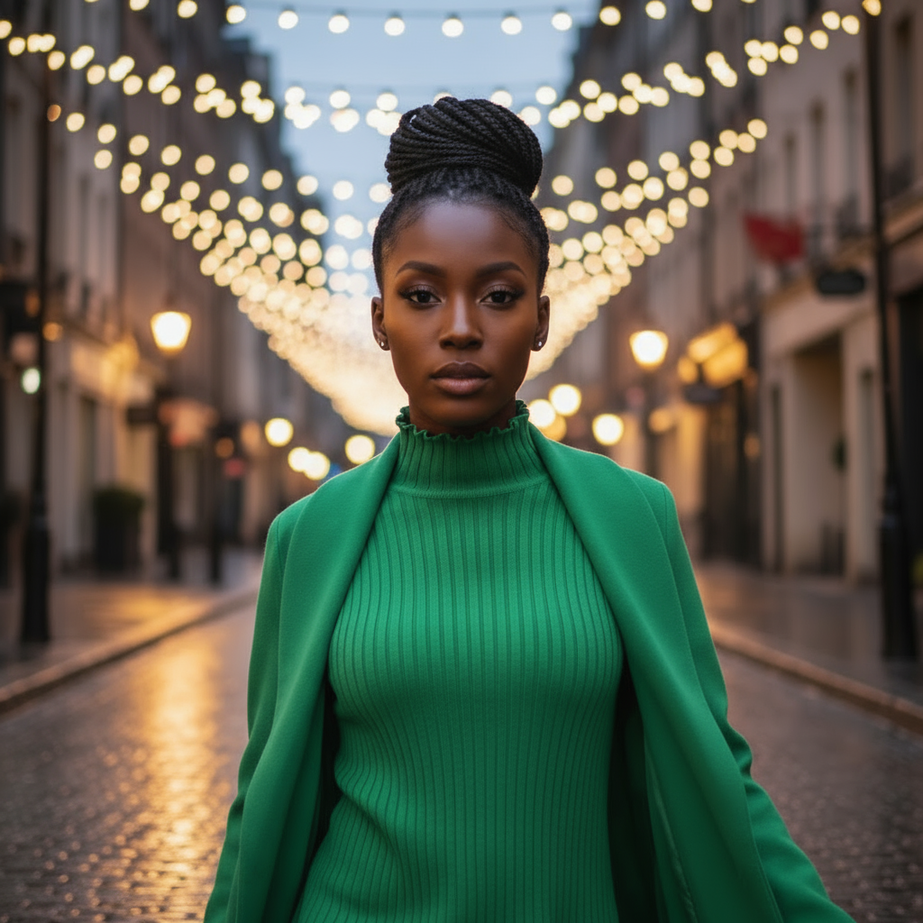 Woman in a green outfit standing on a street with string lights in the background