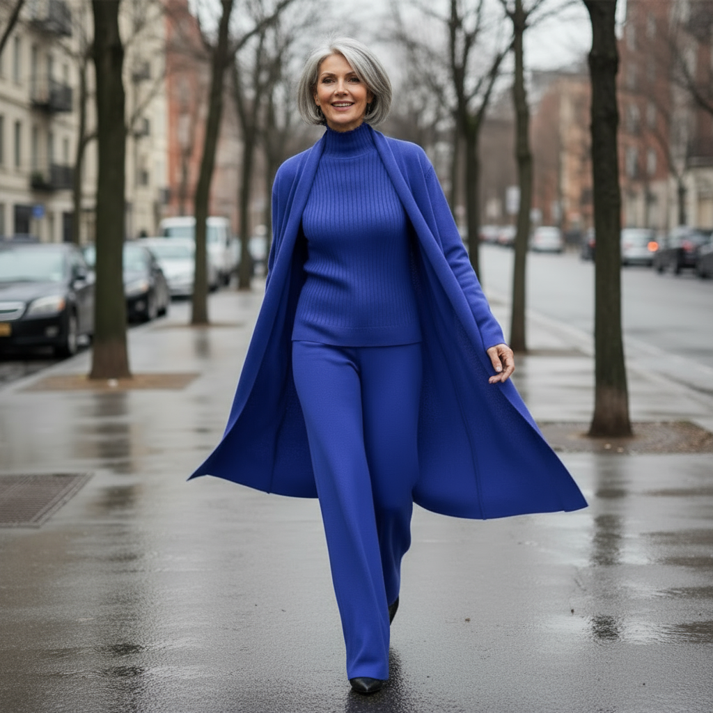 Woman in a blue outfit walking on a city street