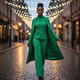 Woman in a green outfit walking down a street with festive lights.
