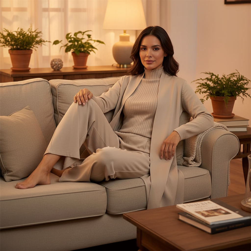 Woman sitting on a couch in a cozy living room with plants and a lamp.
