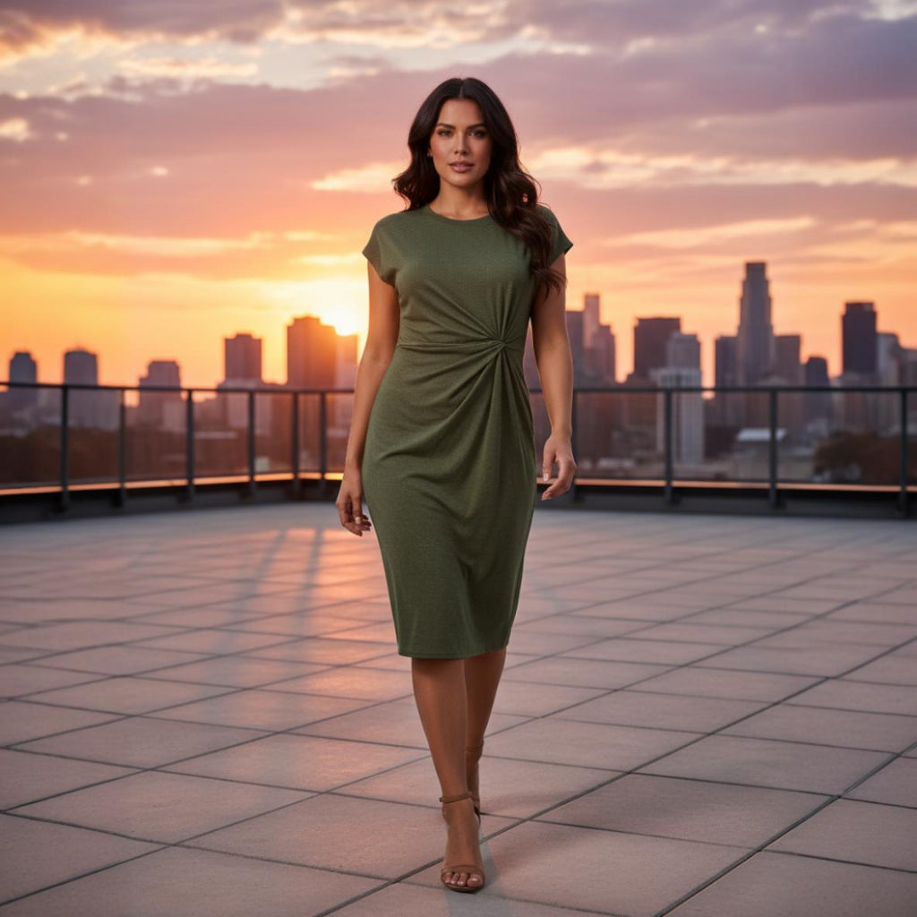 Woman in a green dress standing on a rooftop with a city skyline at sunset.