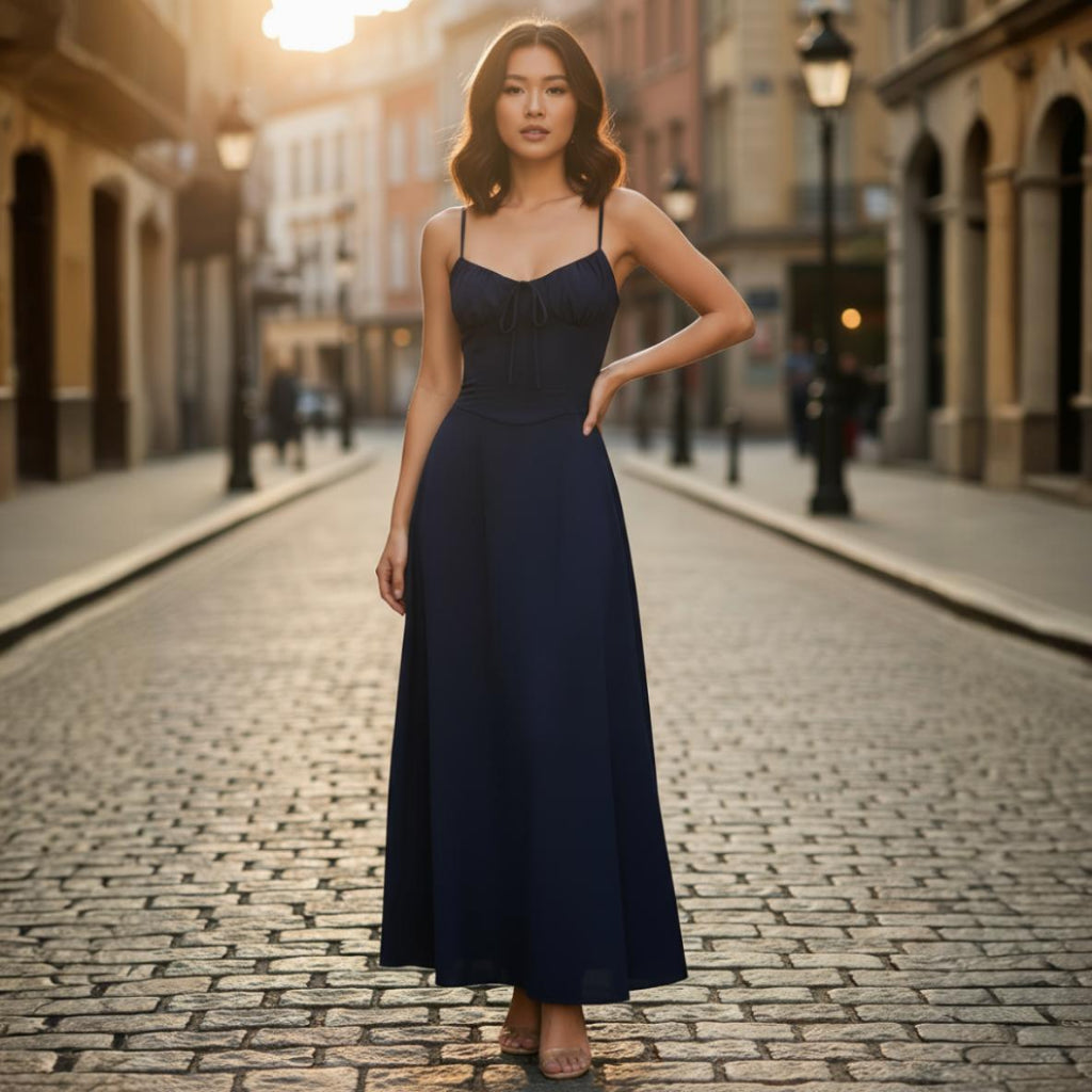 Woman in a long dark blue dress standing on a cobblestone street with buildings in the background.