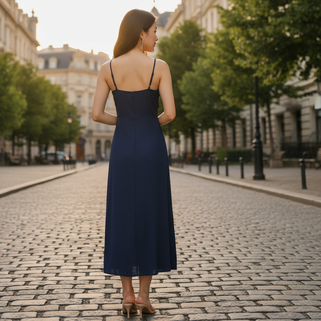 Woman in a navy blue dress walking down a cobblestone street in an urban setting