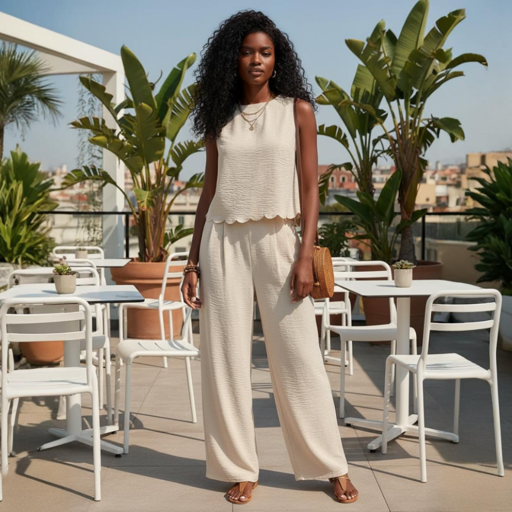 Woman in a white outfit standing on a rooftop with tables and plants