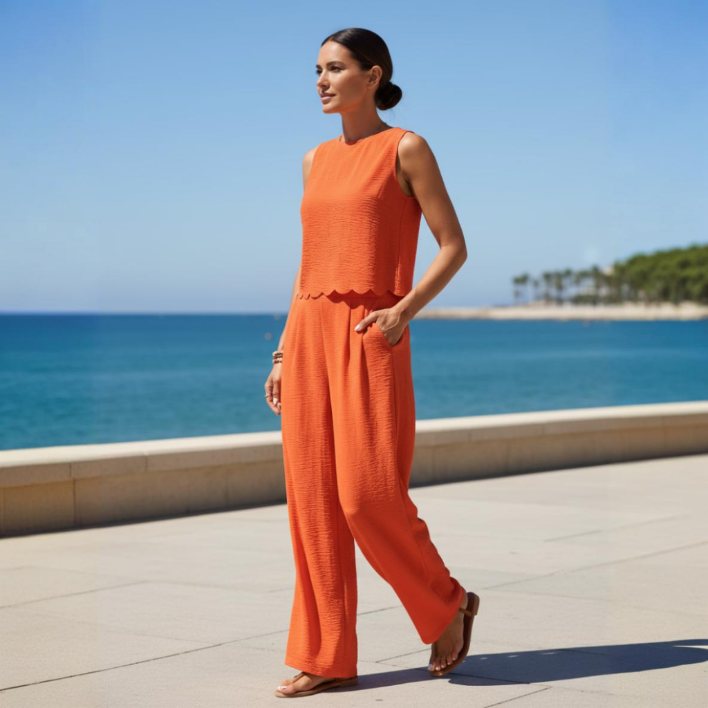 Woman in an orange outfit standing by a coastal area with blue water and clear sky.