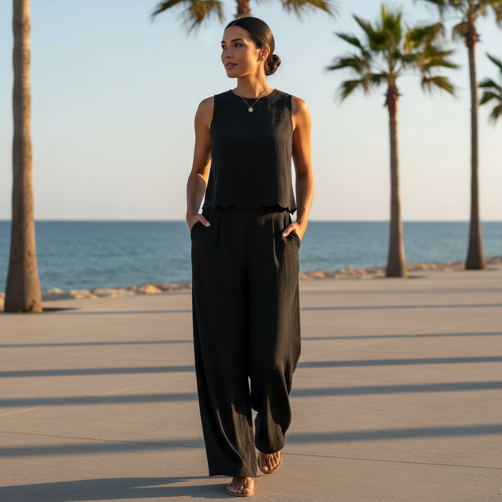 Woman in a black sleeveless top and wide-leg pants walking on a beach with palm trees in the background.