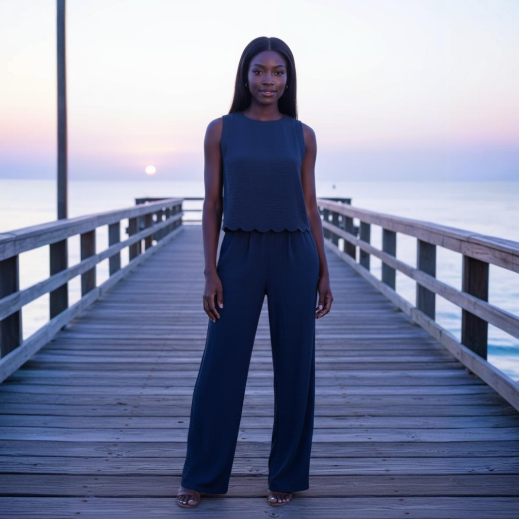 Woman in a navy blue outfit standing on a wooden pier during sunset.