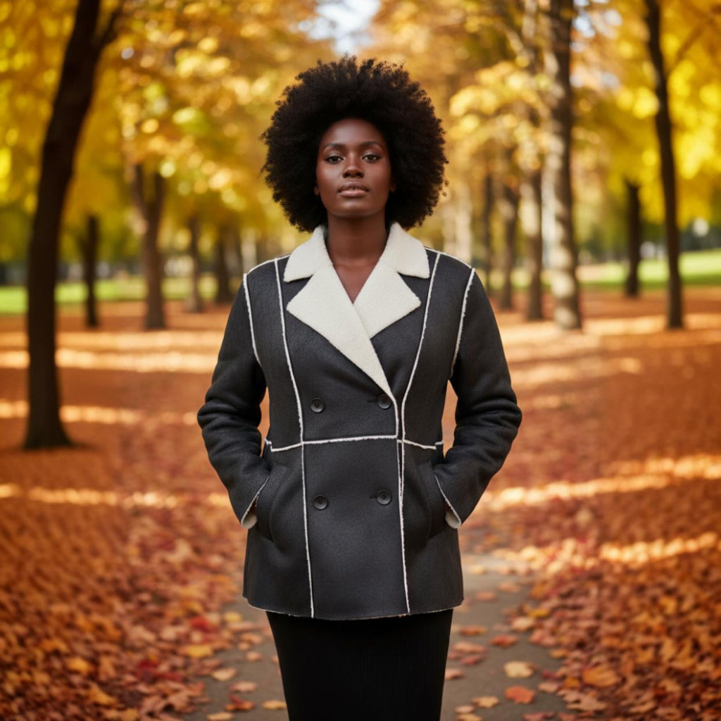 Woman in a black and white coat standing in an autumn park with trees and fallen leaves.