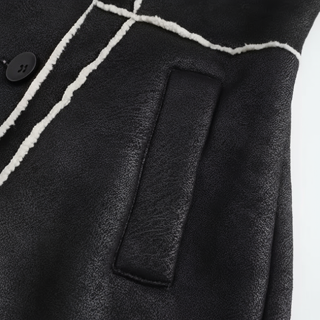 Close-up of a black leather jacket with white trim