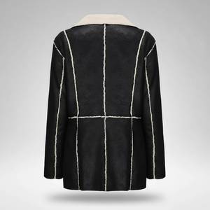 Black coat with white stripe details on a gray background