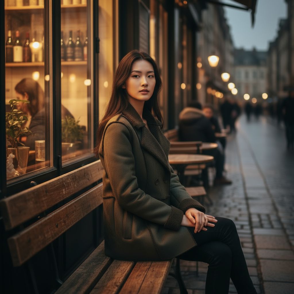 Woman sitting outside a cozy cafe on a rainy street.