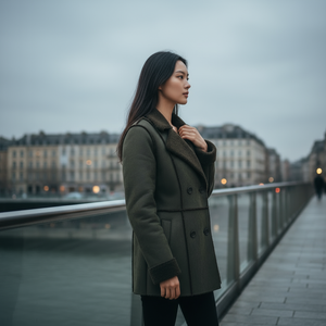 Woman in a green coat standing on a city street with buildings in the background