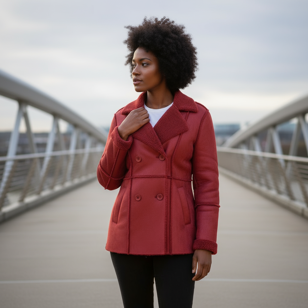 Woman wearing a red coat on a bridge