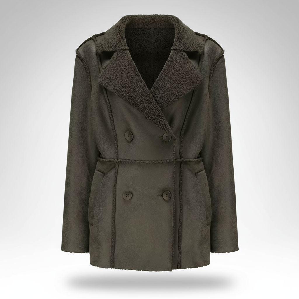 Green coat with a textured collar on a light gray background