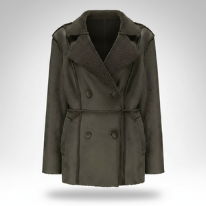 Green coat with a textured collar on a light gray background