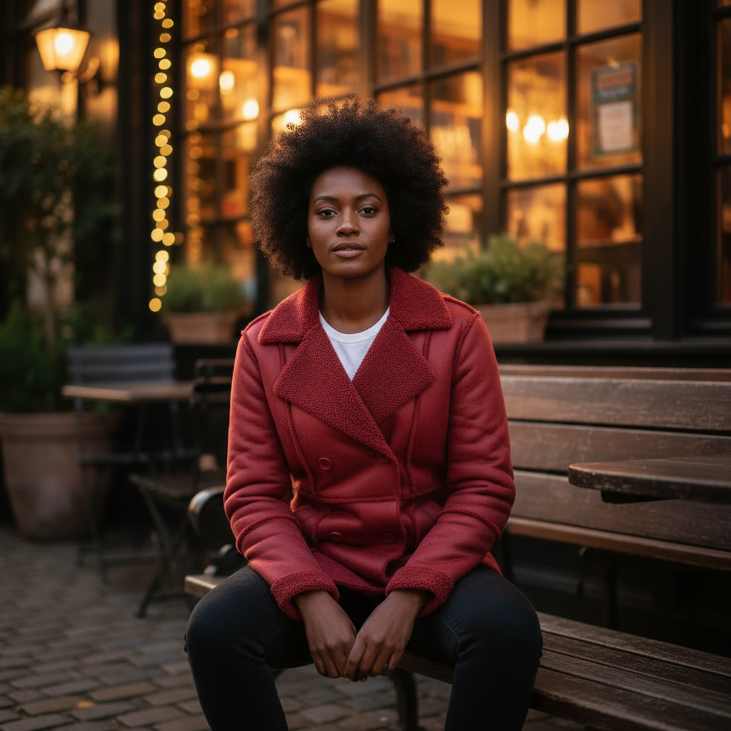 Woman in a red coat sitting on a bench in an outdoor setting with warm lighting.