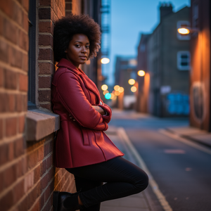 Woman in a red coat leaning against a brick wall on a city street at dusk.