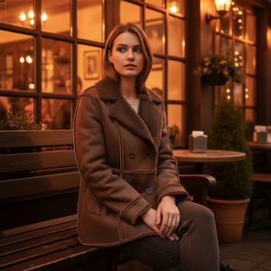 Woman in a brown coat sitting on a bench in an outdoor setting with warm lighting.