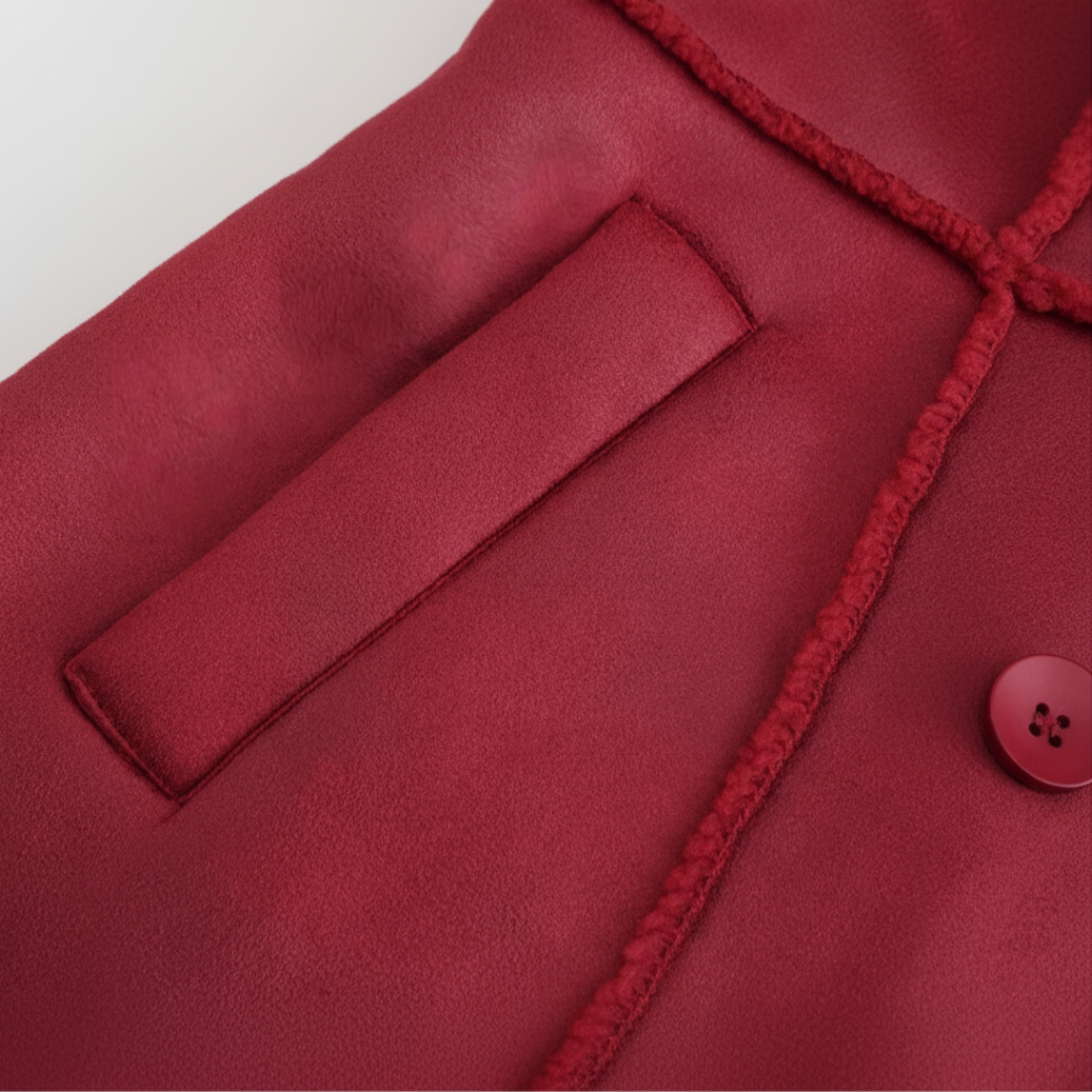 Close-up of a red coat with a button on a white background