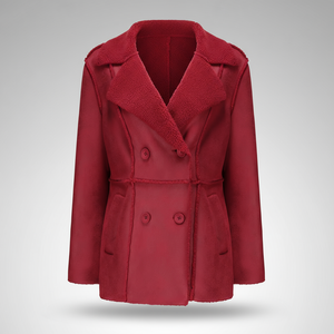 Red coat with a textured collar on a light gray background