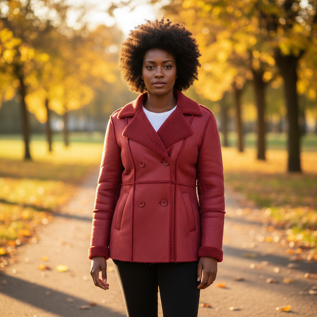 Woman wearing a red coat standing in a park with trees and fallen leaves.